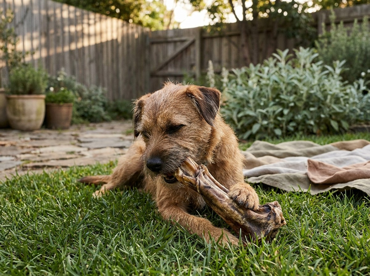 Hond kauwt op een buffelslurf in het gras