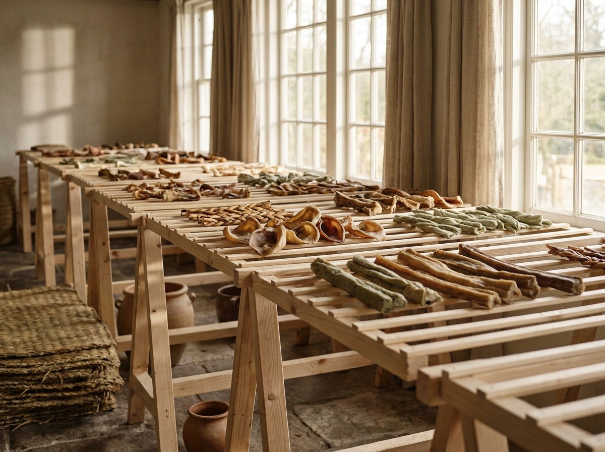 Gedroogde snacks op houten droogrekken