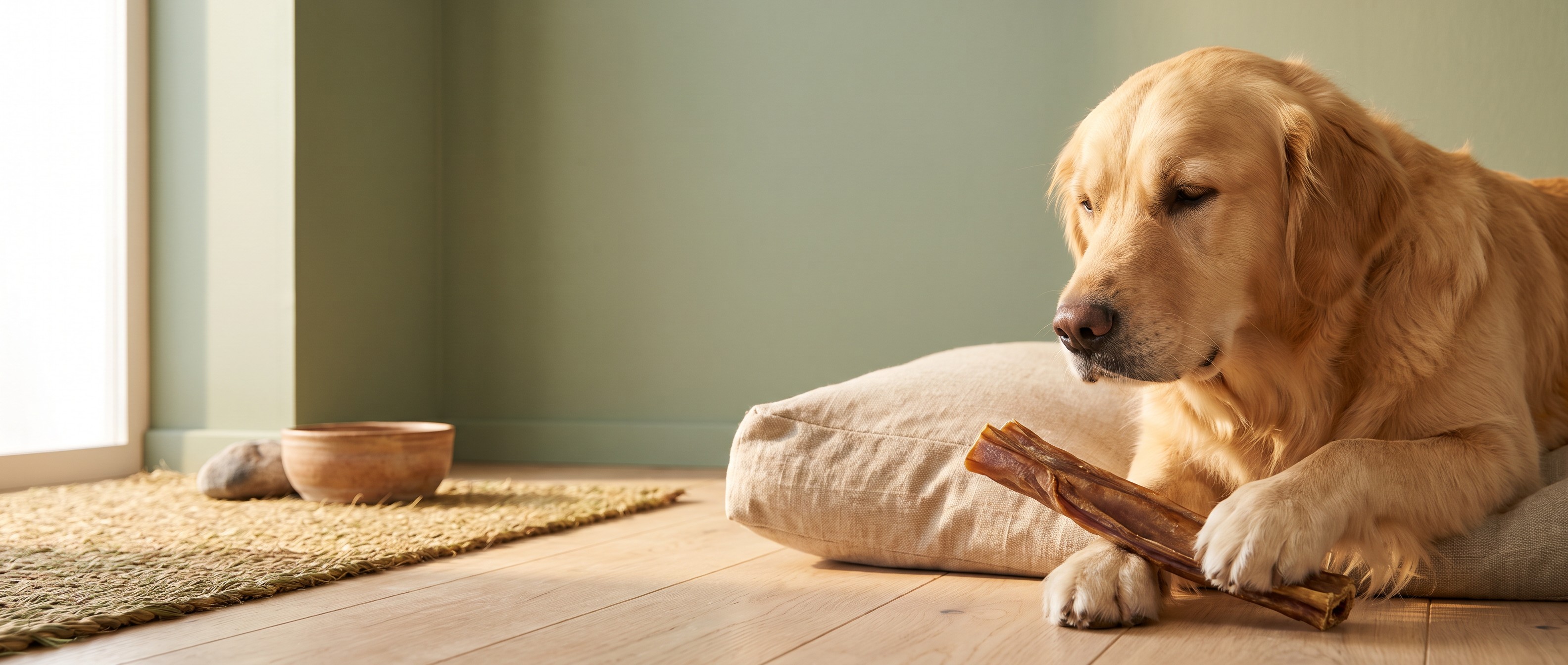 Golden retriever kauwt op een buffelslurf op een houten vloer