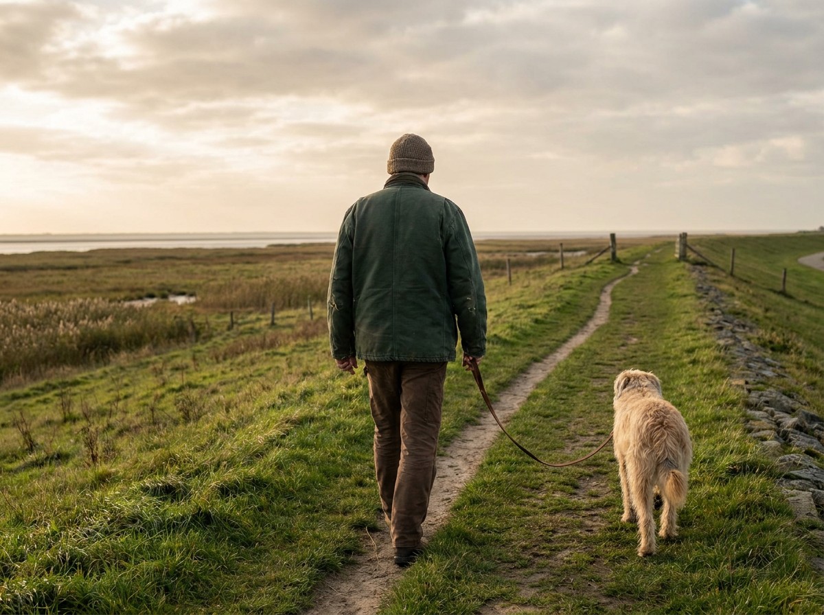 Wandeling met de hond over een dijk