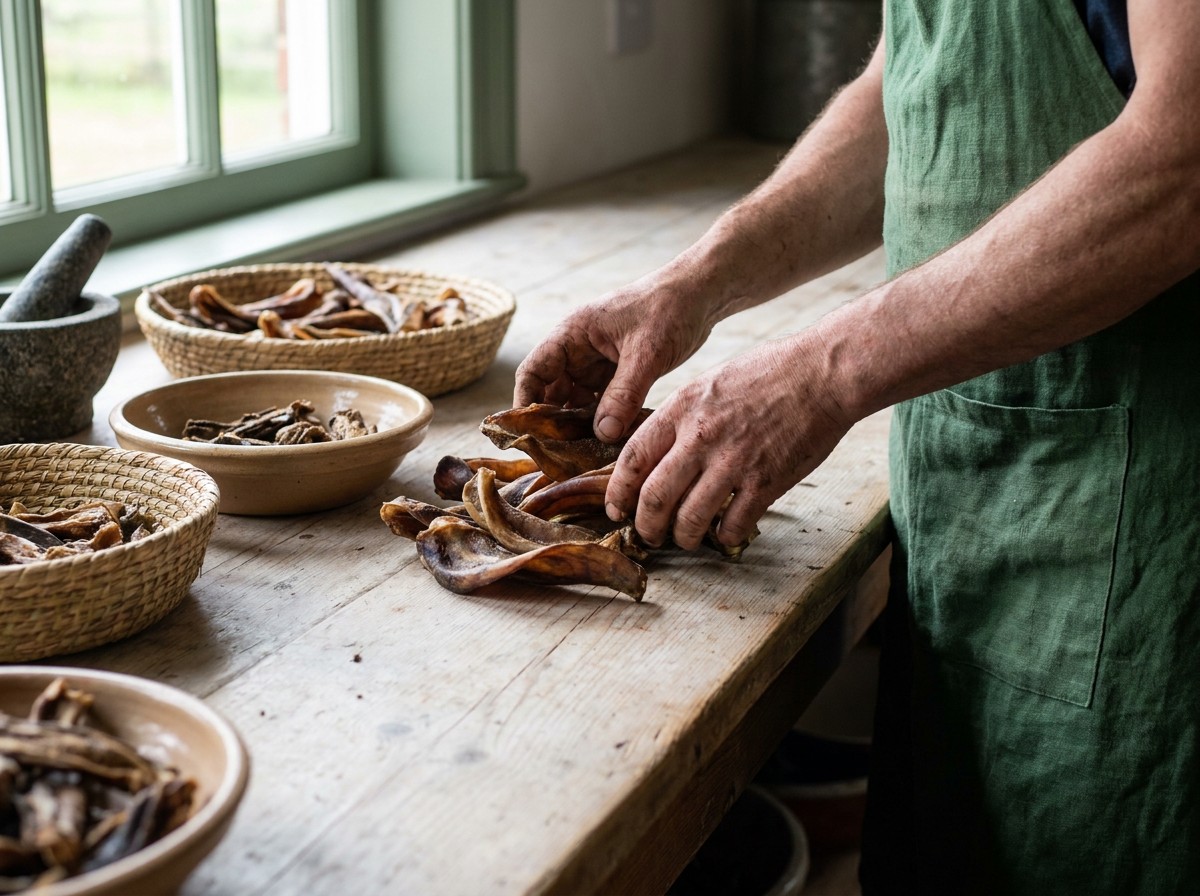 Handen sorteren gedroogde buffeloren op een houten tafel